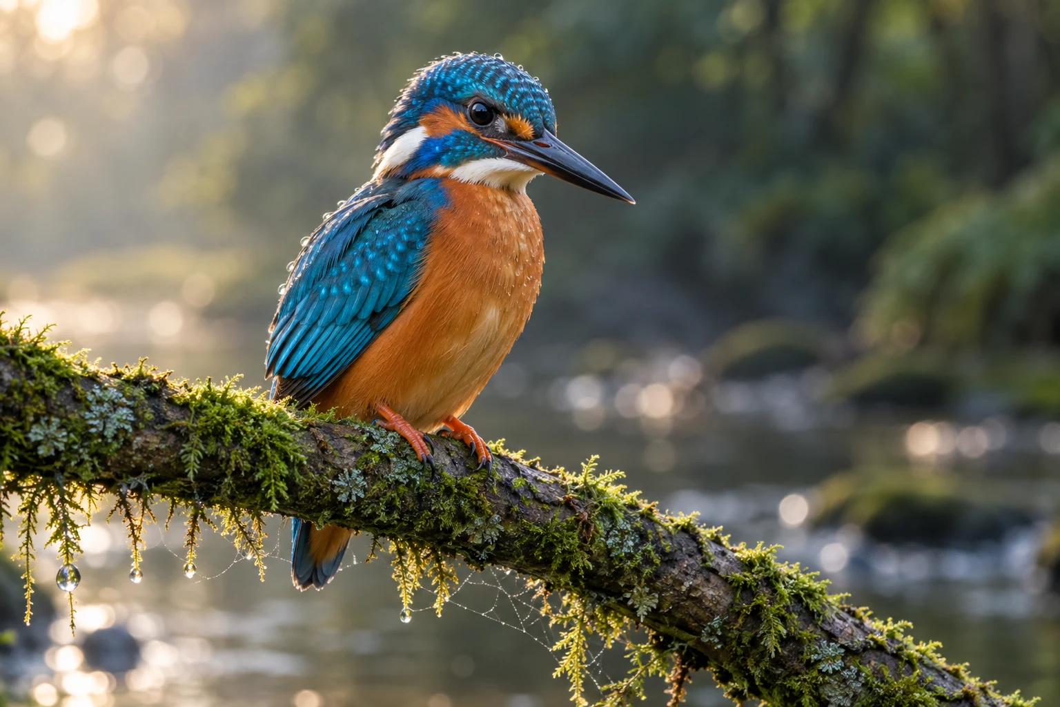 High-resolution kingfisher photo with detailed feathers, eye, moss, and water droplets after AI upscaling