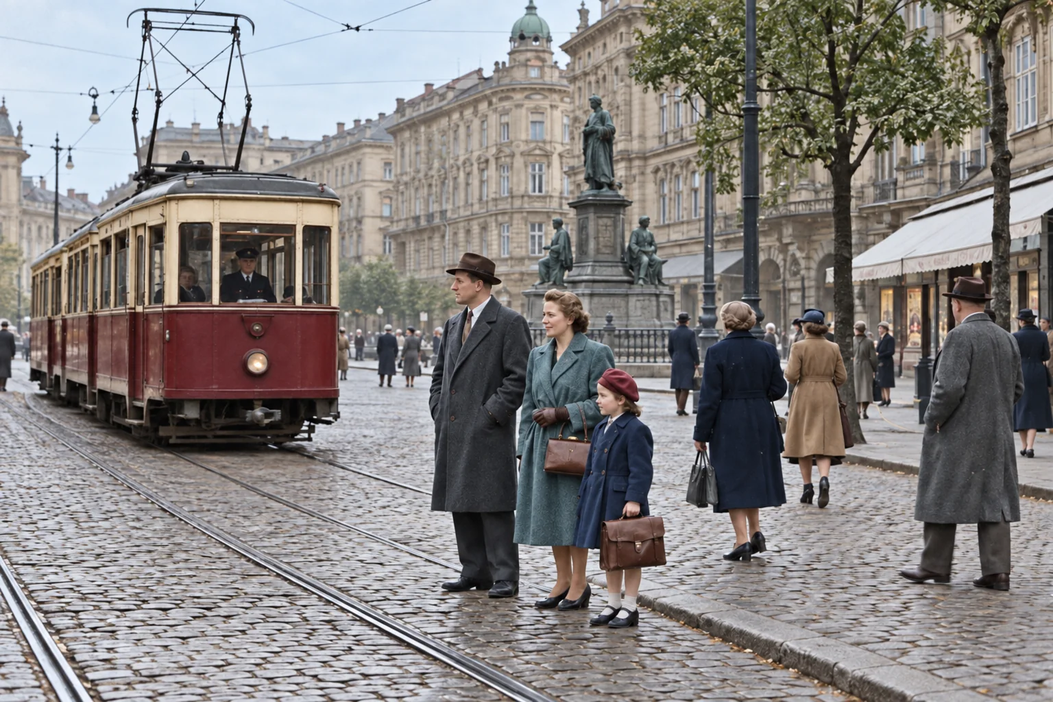 1950s European tram scene colorized with natural period-appropriate tones using AI
