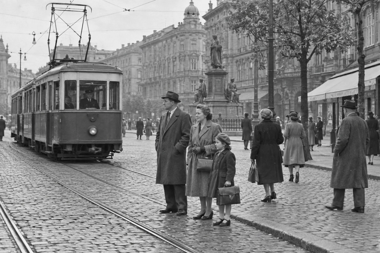 Black-and-white 1950s European tram scene before AI photo colorization