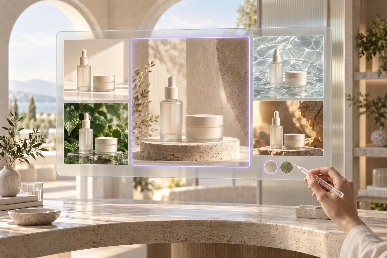 AI photo editing workspace showing skincare products in several campaign settings