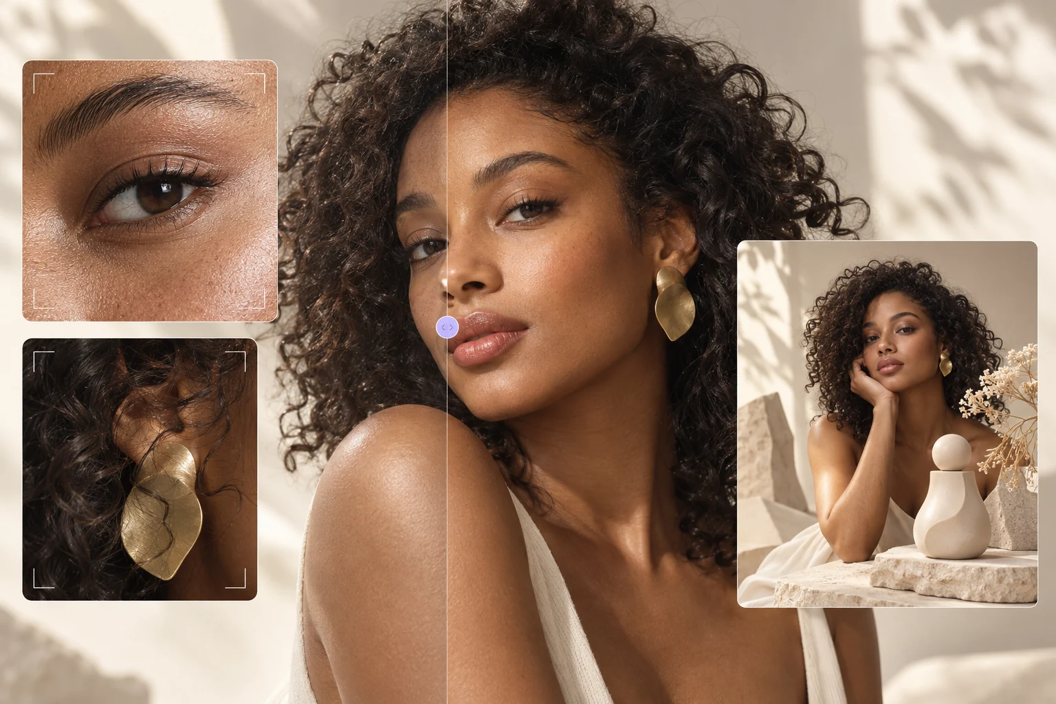 Professional portrait with detailed skin, hair, and campaign image variations