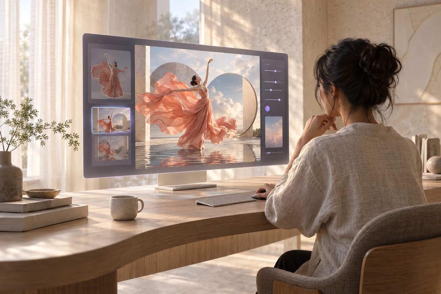 Creator using an intelligent AI Photo Editor to transform a fashion image