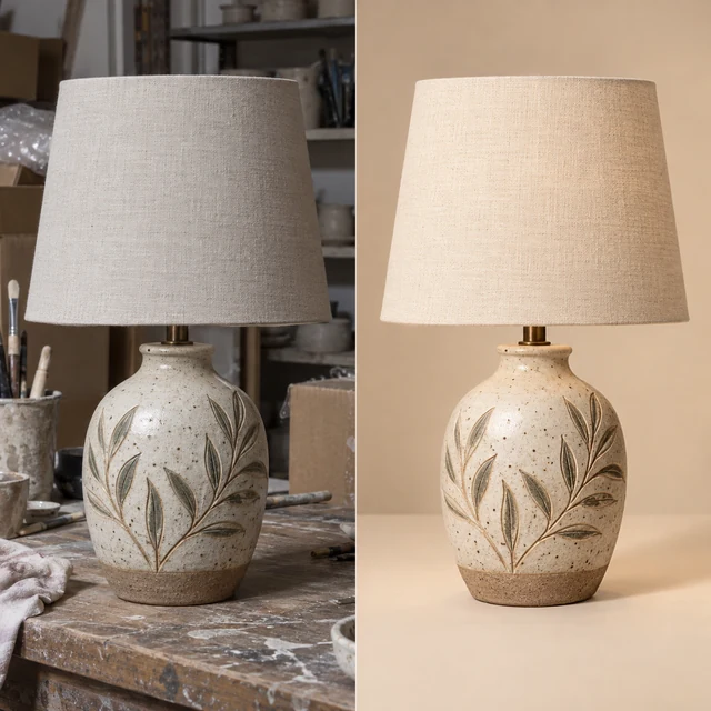 Ceramic lamp transformed from a cluttered workshop photo into a polished e-commerce product image