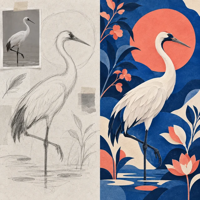 Crane concept sketch transformed into a polished contemporary graphic artwork