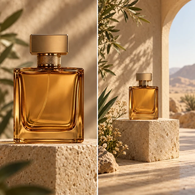 Perfume product photo expanded into a spacious marketing campaign scene