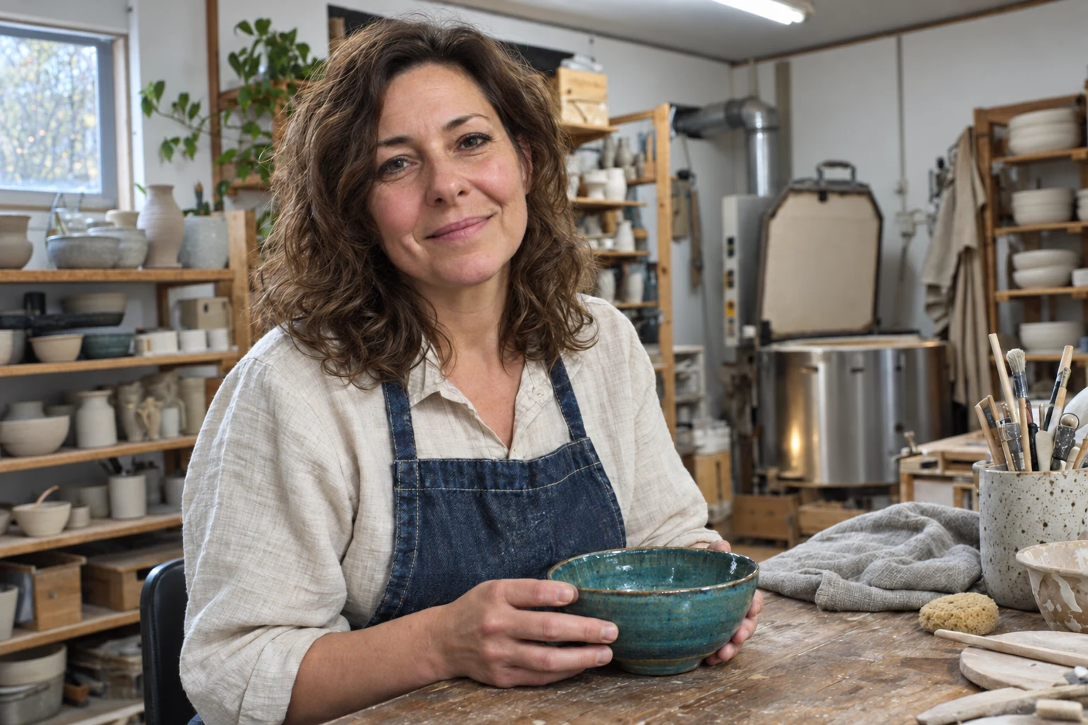 Enhanced ceramic artist portrait with natural skin tone, clear hair, fabric, pottery, and workshop detail