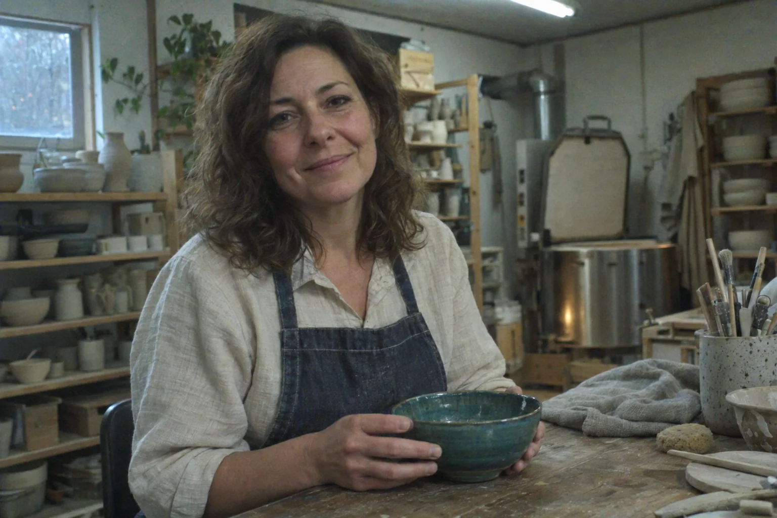Noisy low-light portrait of a ceramic artist with muted color and soft detail before AI enhancement