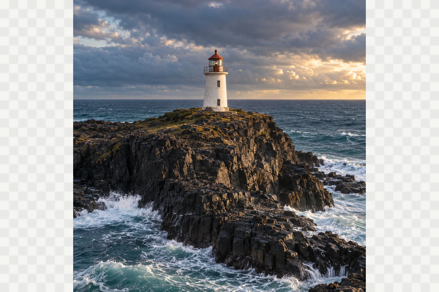 Square coastal lighthouse photo before using an AI image extender to outpaint the side borders