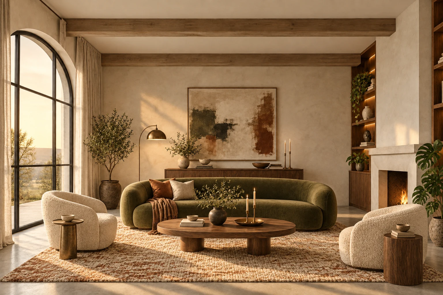 Warm furnished biophilic living room after an image to image transformation with AI Image Editor