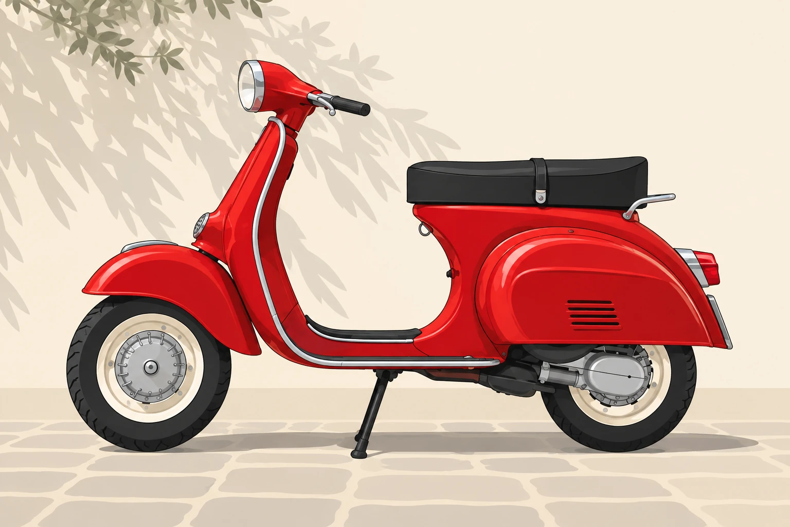 Red vintage scooter converted into clean outlined SVG-style vector artwork