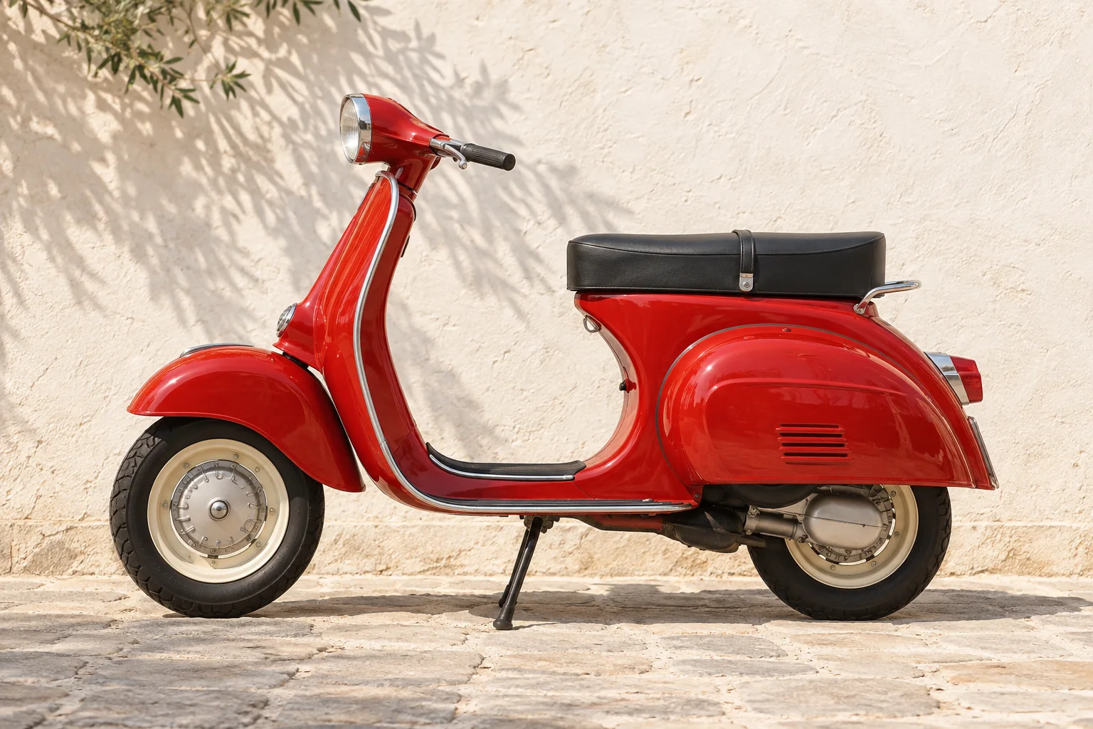 Photorealistic red vintage scooter before conversion to SVG-style vector artwork