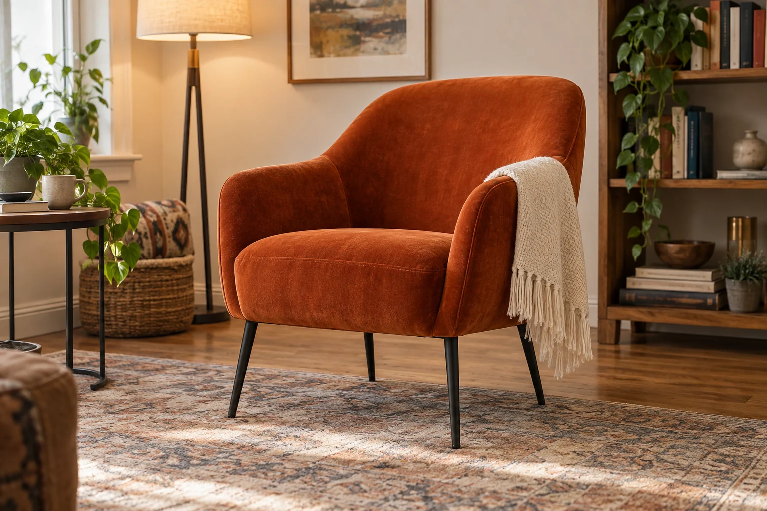Orange velvet armchair in a busy apartment before changing the photo background