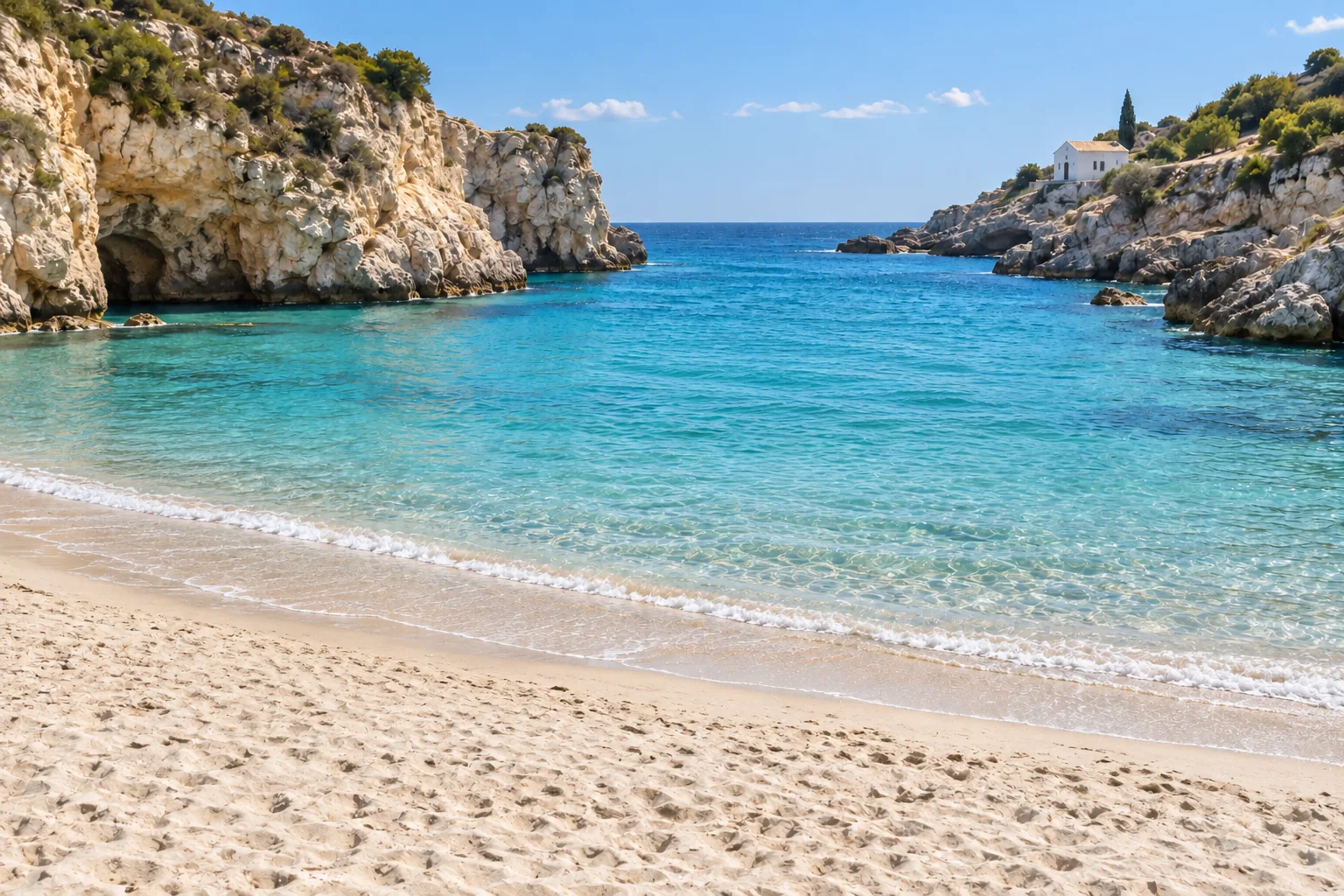 Empty Mediterranean beach after removing tourists and objects and reconstructing sand and water
